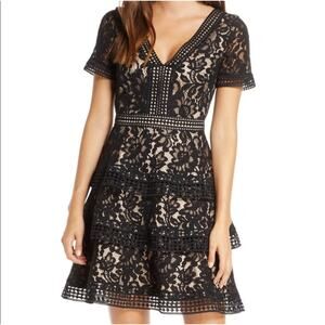 Eliza J Dress Mini Cocktail Tiered Fit to Flare Lace Black Size 8